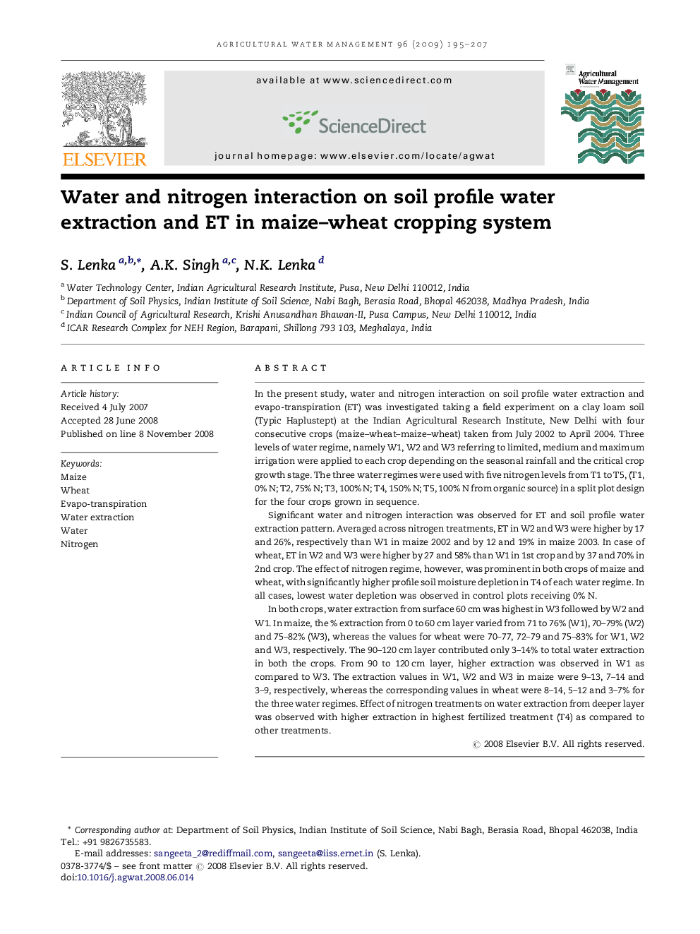 Water and nitrogen interaction on soil profile water extraction and ET in maize–wheat cropping system