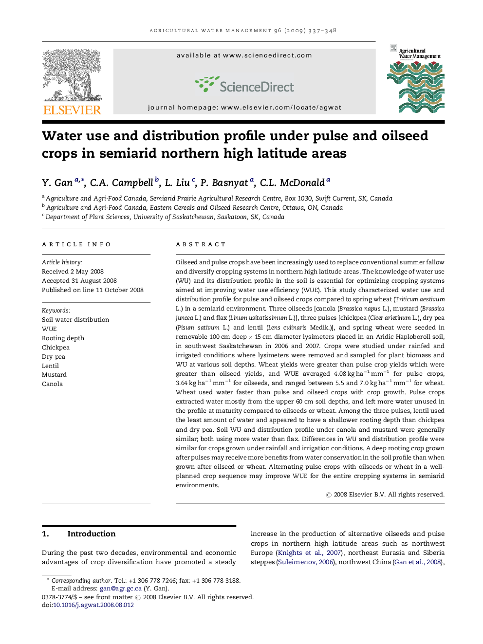 Water use and distribution profile under pulse and oilseed crops in semiarid northern high latitude areas