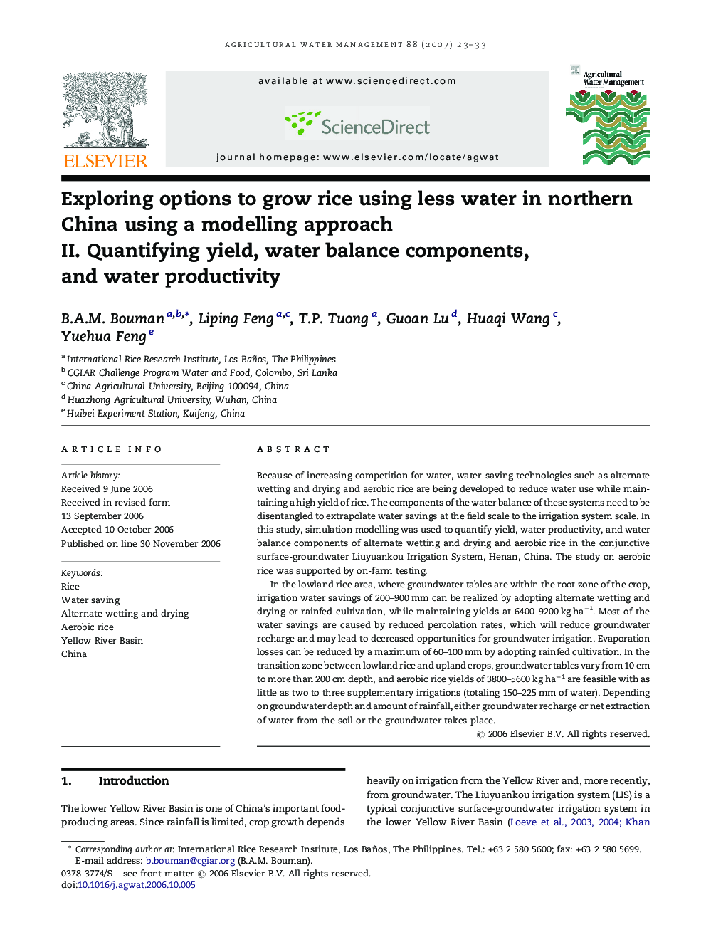 Exploring options to grow rice using less water in northern China using a modelling approach: II. Quantifying yield, water balance components, and water productivity