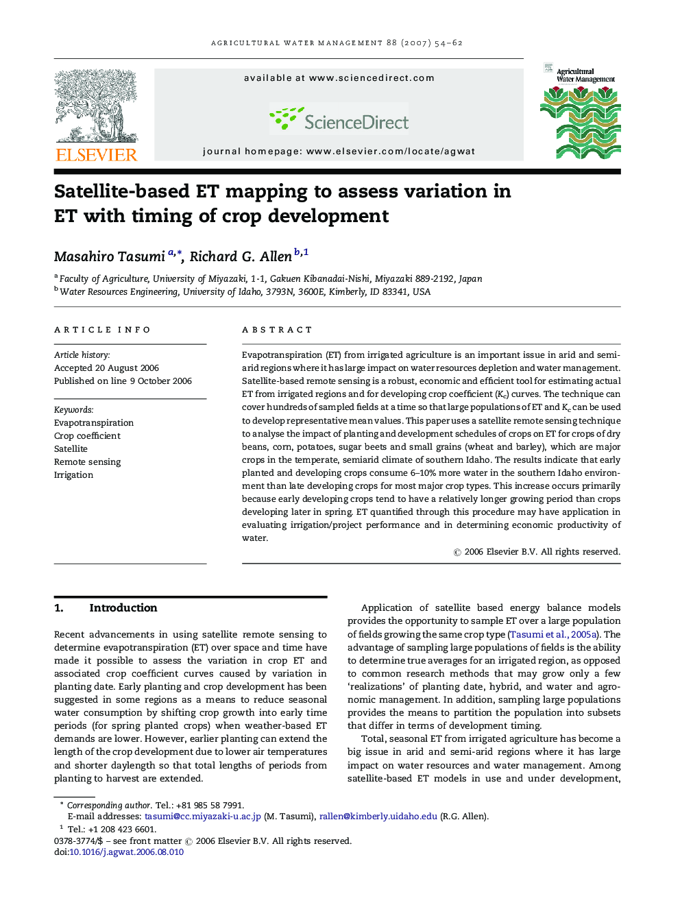 Satellite-based ET mapping to assess variation in ET with timing of crop development