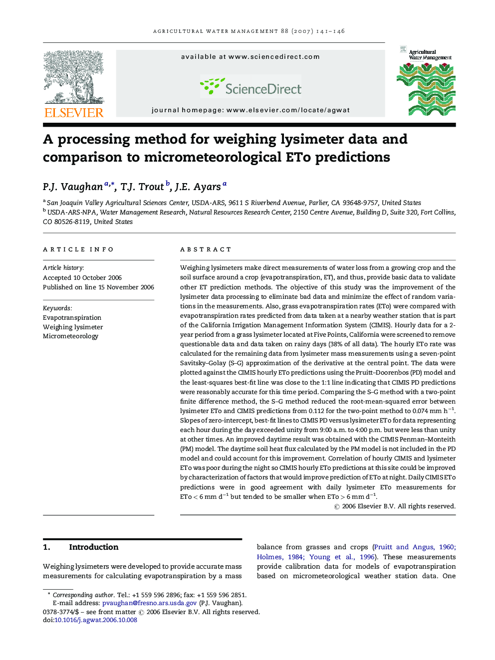 A processing method for weighing lysimeter data and comparison to micrometeorological ETo predictions