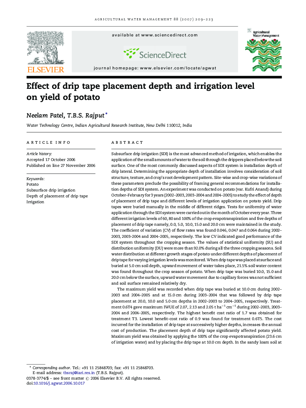 Effect of drip tape placement depth and irrigation level on yield of potato