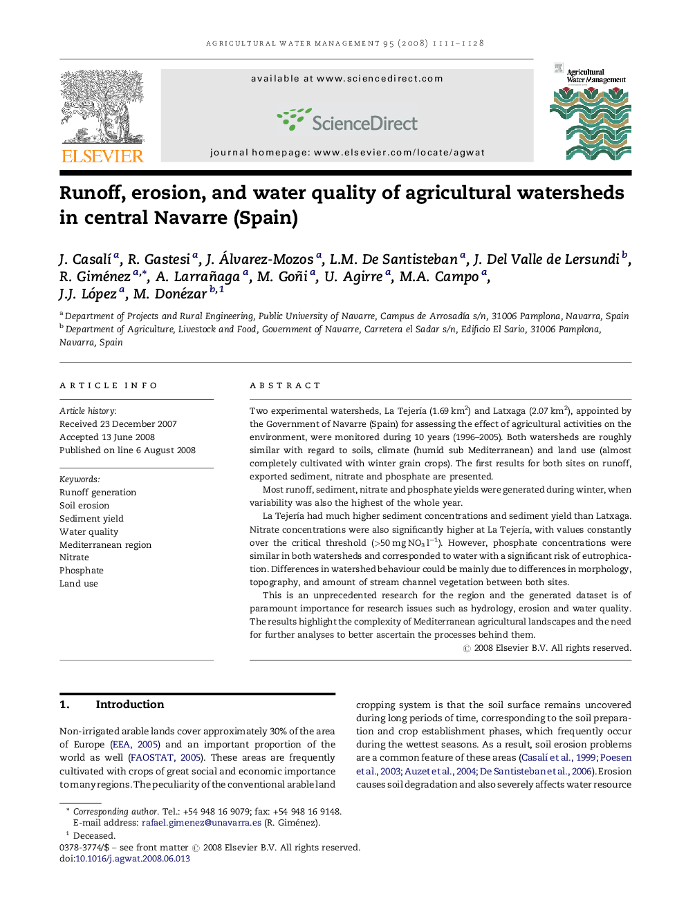 Runoff, erosion, and water quality of agricultural watersheds in central Navarre (Spain)