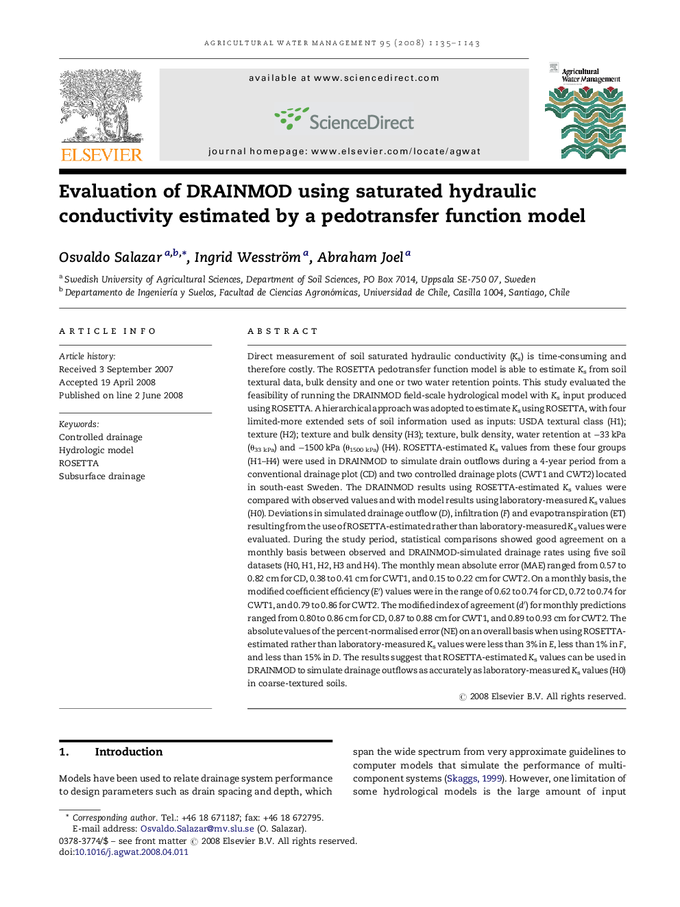 Evaluation of DRAINMOD using saturated hydraulic conductivity estimated by a pedotransfer function model