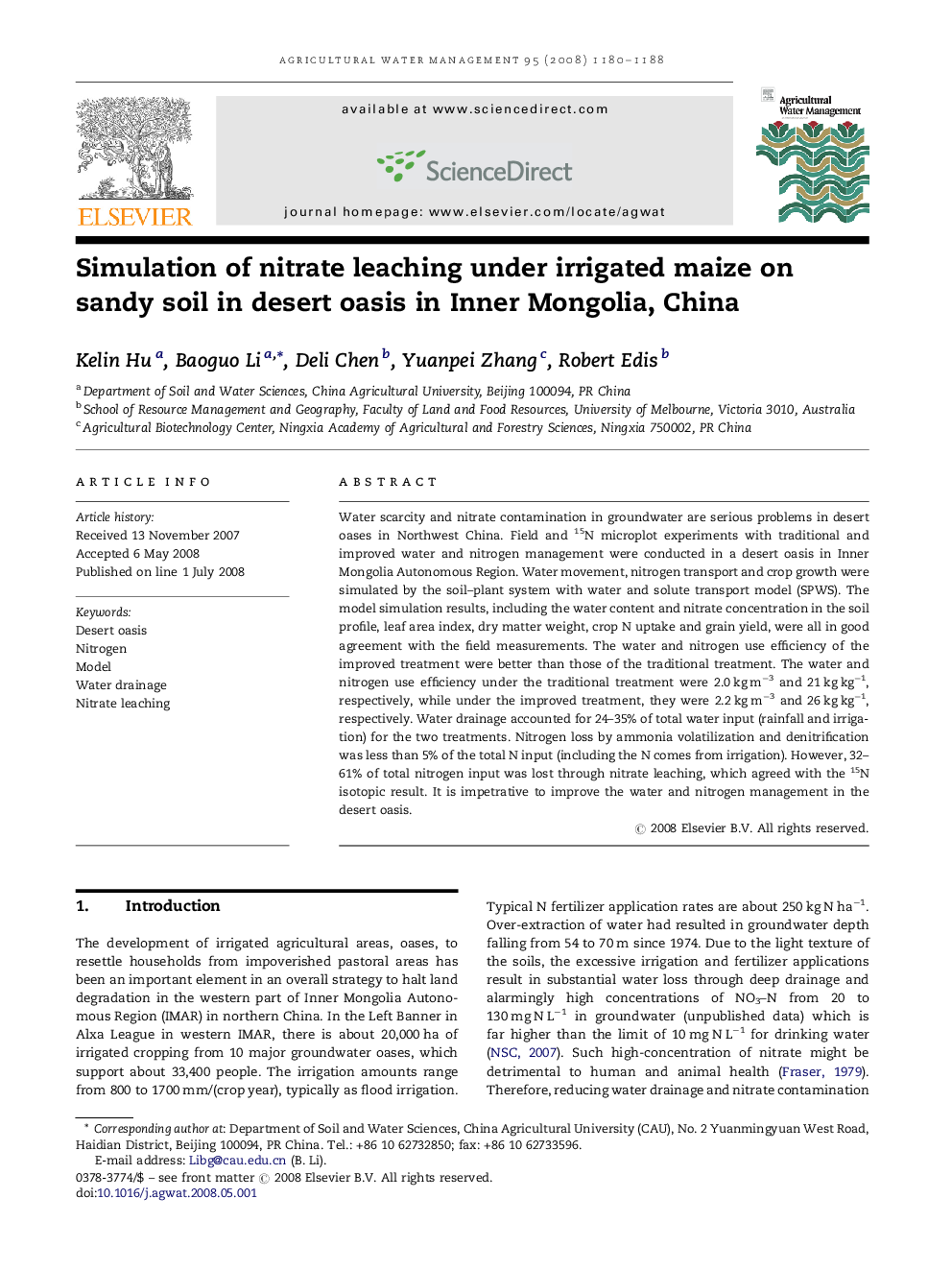 Simulation of nitrate leaching under irrigated maize on sandy soil in desert oasis in Inner Mongolia, China