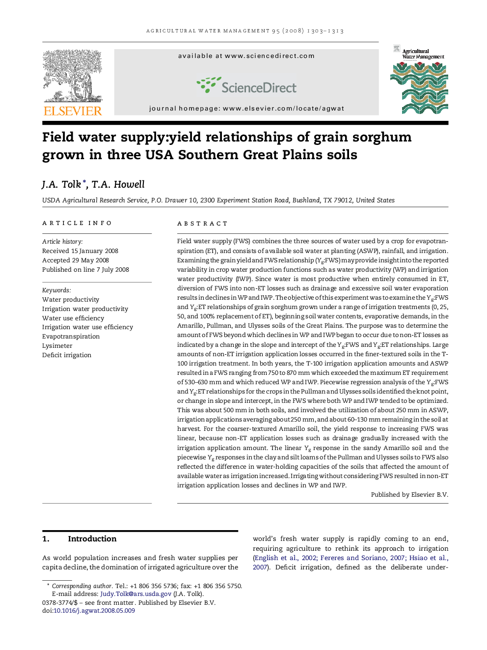 Field water supply:yield relationships of grain sorghum grown in three USA Southern Great Plains soils