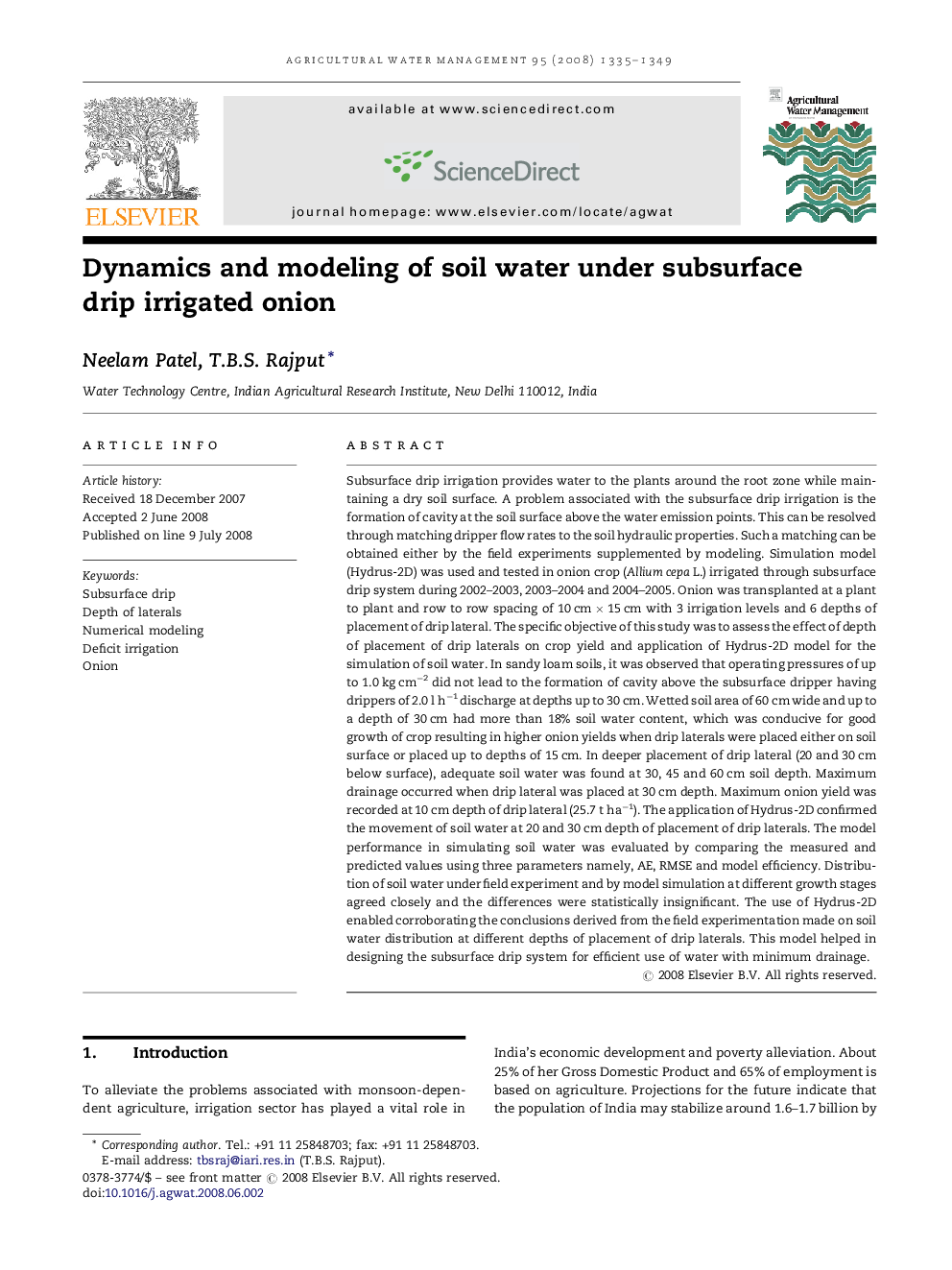 Dynamics and modeling of soil water under subsurface drip irrigated onion