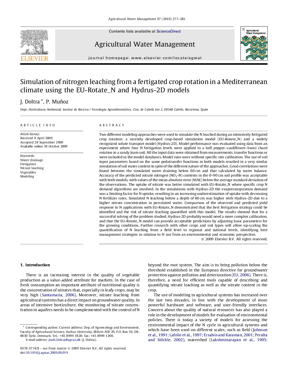 Simulation of nitrogen leaching from a fertigated crop rotation in a Mediterranean climate using the EU-Rotate_N and Hydrus-2D models