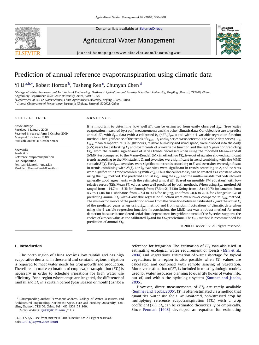 عکس صفحه اول مقاله: Prediction of annual reference evapotranspiration using climatic data Prediction of annual reference evapotranspiration using climatic data