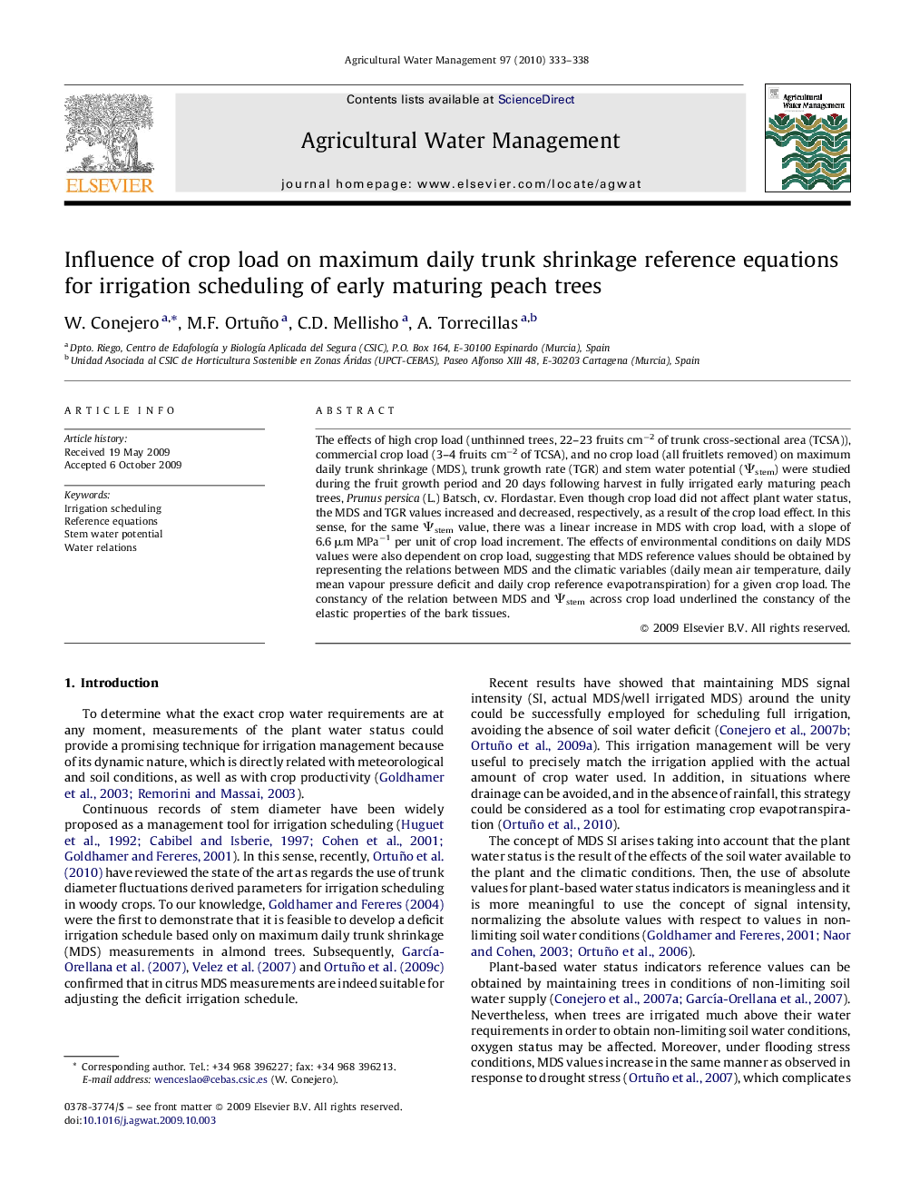 Influence of crop load on maximum daily trunk shrinkage reference equations for irrigation scheduling of early maturing peach trees