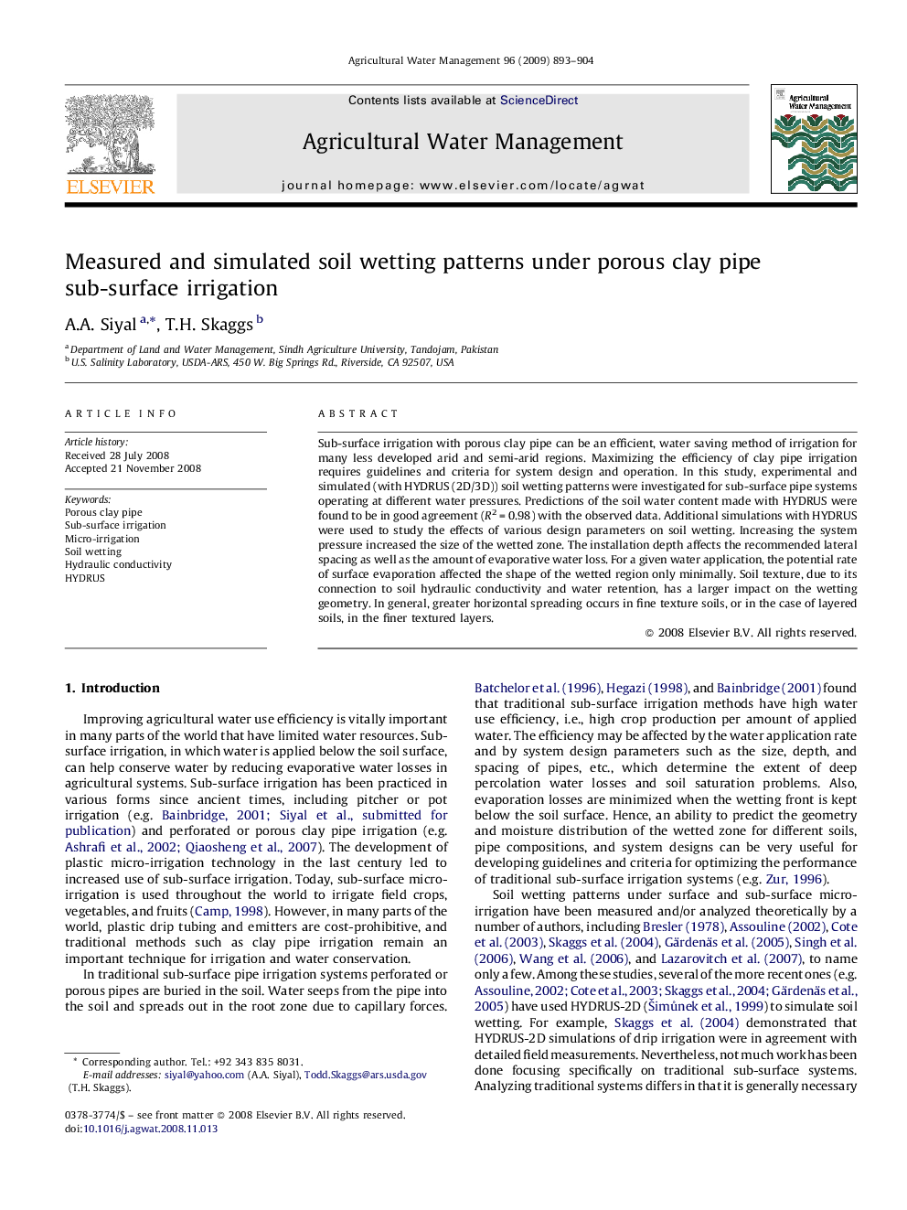 Measured and simulated soil wetting patterns under porous clay pipe sub-surface irrigation