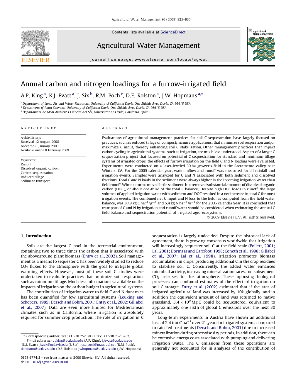 Annual carbon and nitrogen loadings for a furrow-irrigated field