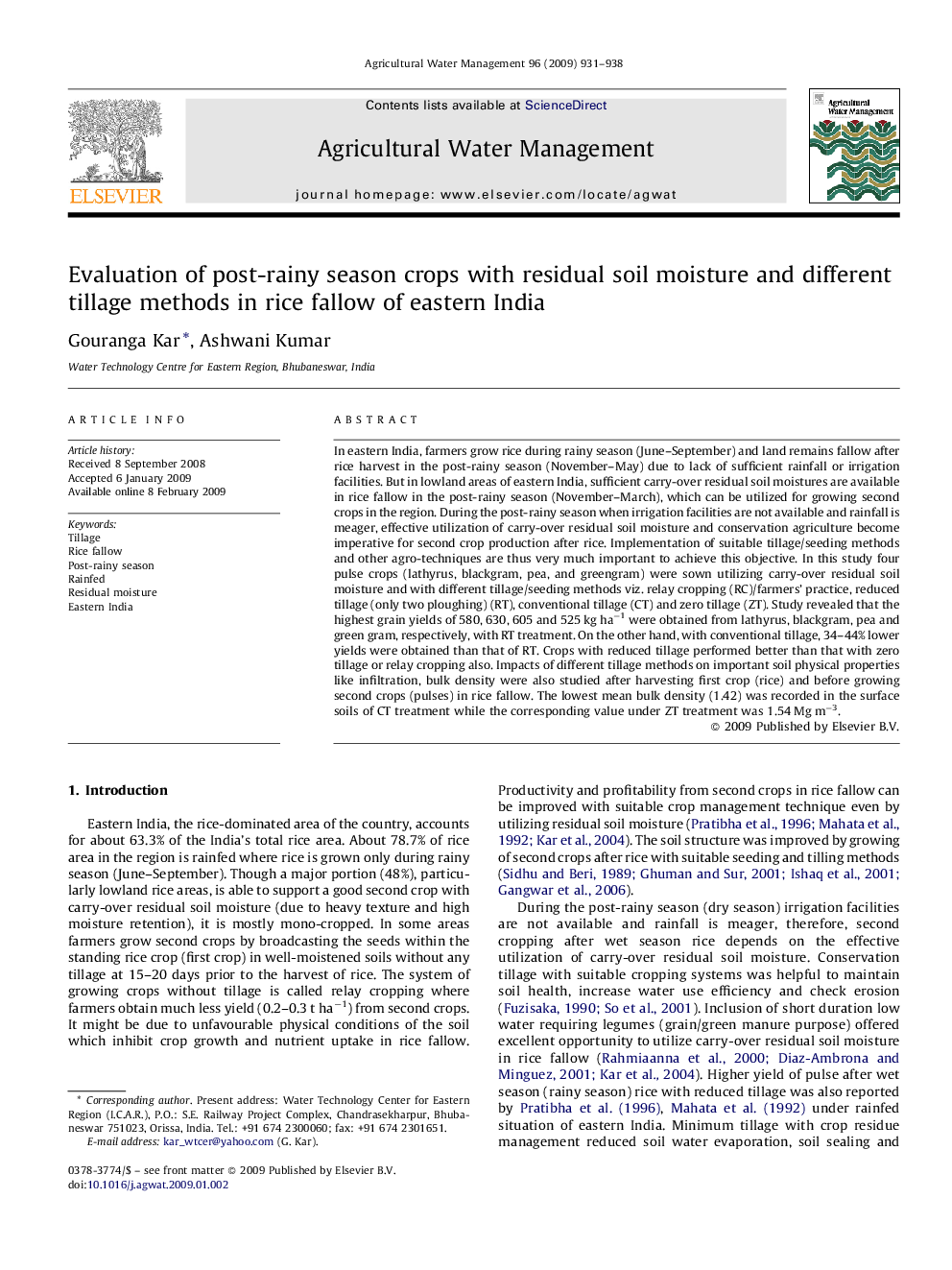 Evaluation of post-rainy season crops with residual soil moisture and different tillage methods in rice fallow of eastern India