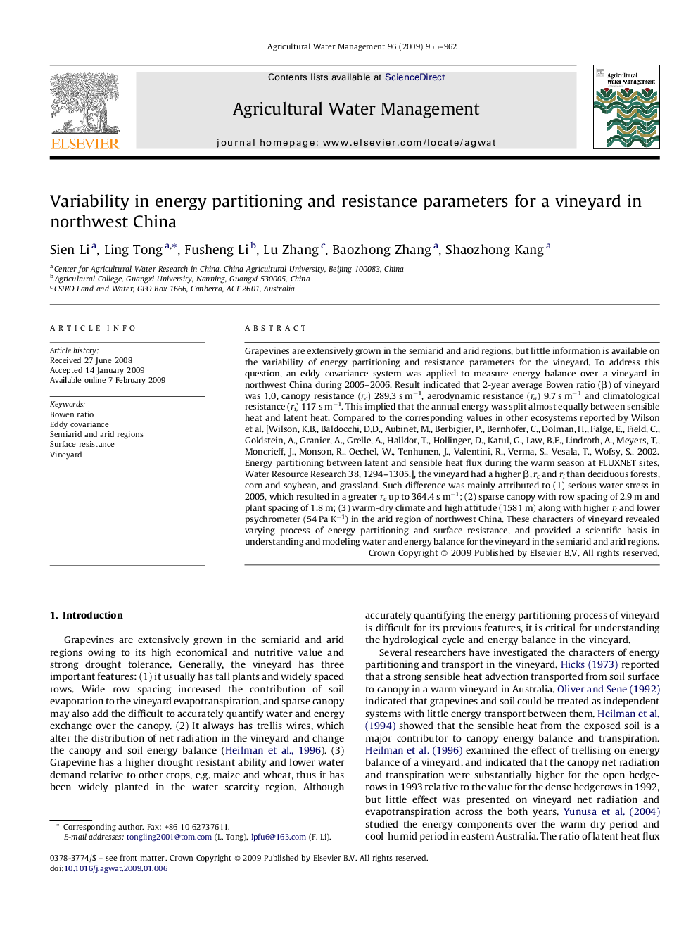 Variability in energy partitioning and resistance parameters for a vineyard in northwest China