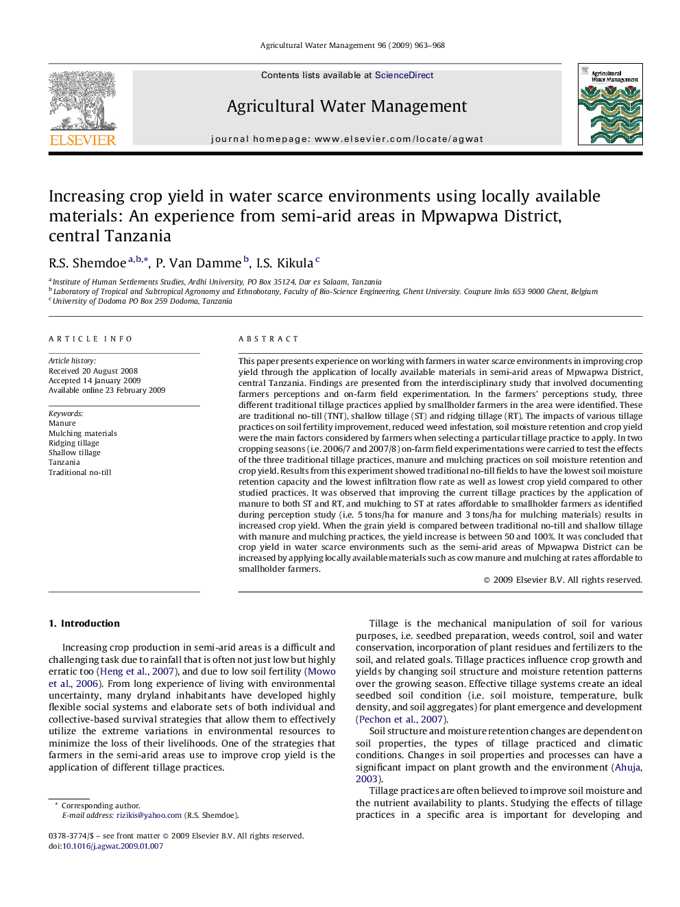 Increasing crop yield in water scarce environments using locally available materials: An experience from semi-arid areas in Mpwapwa District, central Tanzania