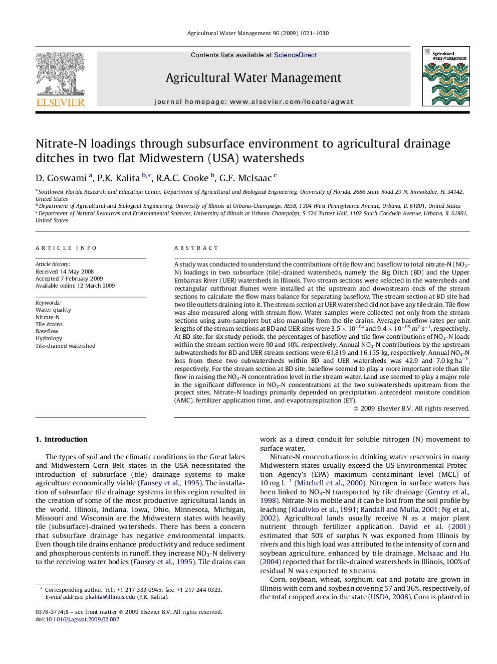 Nitrate-N loadings through subsurface environment to agricultural drainage ditches in two flat Midwestern (USA) watersheds