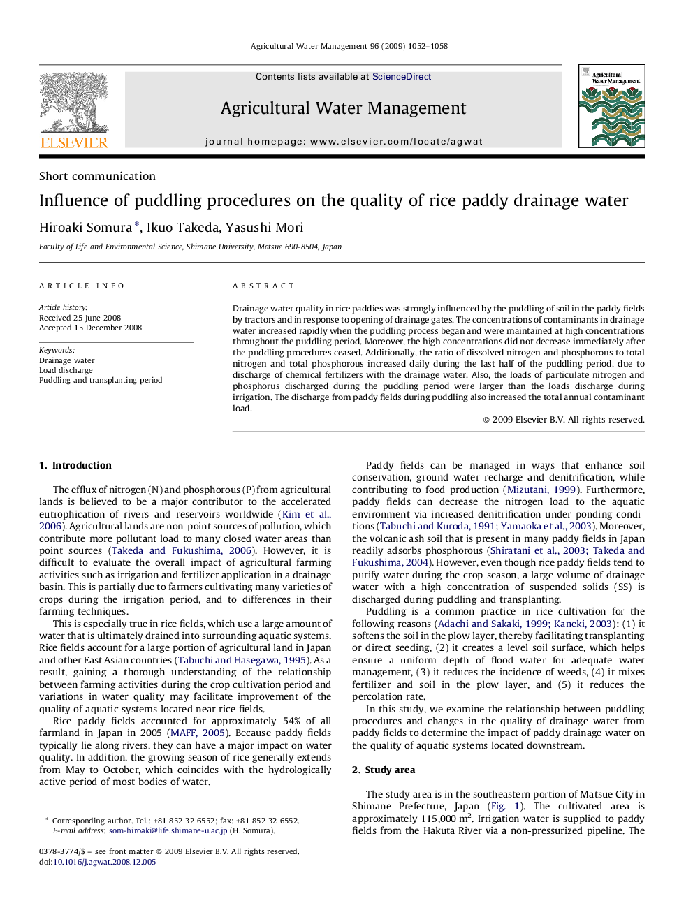 Influence of puddling procedures on the quality of rice paddy drainage water