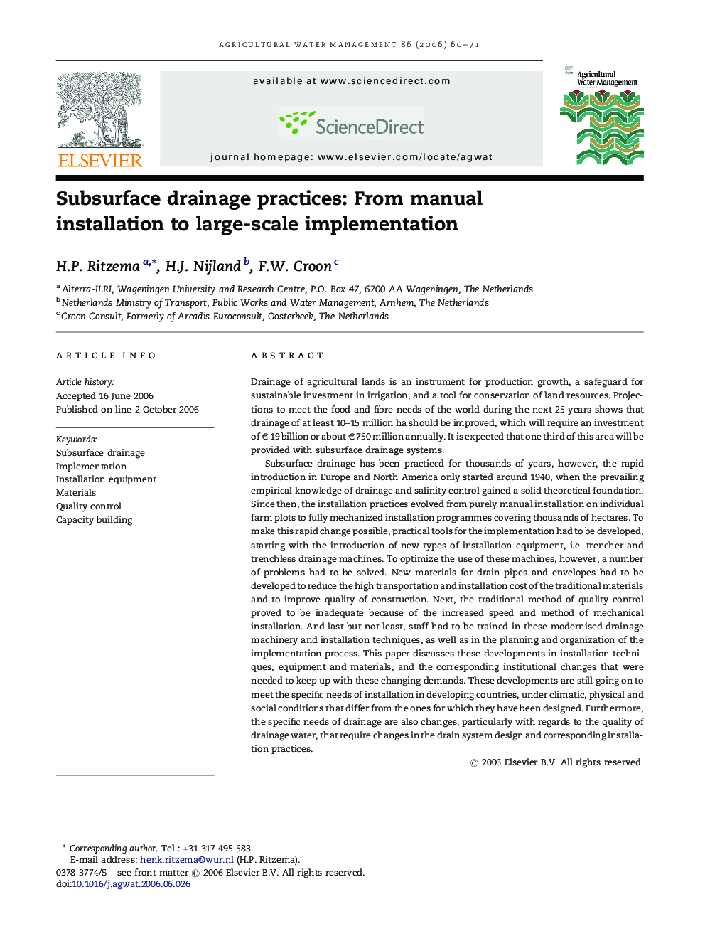 Subsurface drainage practices: From manual installation to large-scale implementation