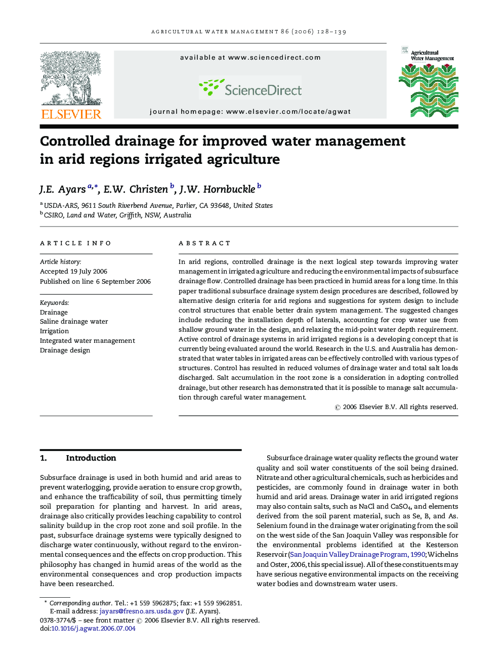 Controlled drainage for improved water management in arid regions irrigated agriculture