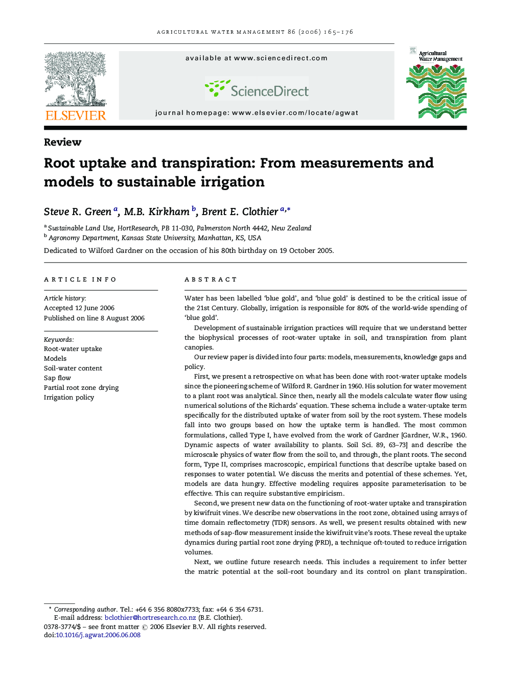 Root uptake and transpiration: From measurements and models to sustainable irrigation