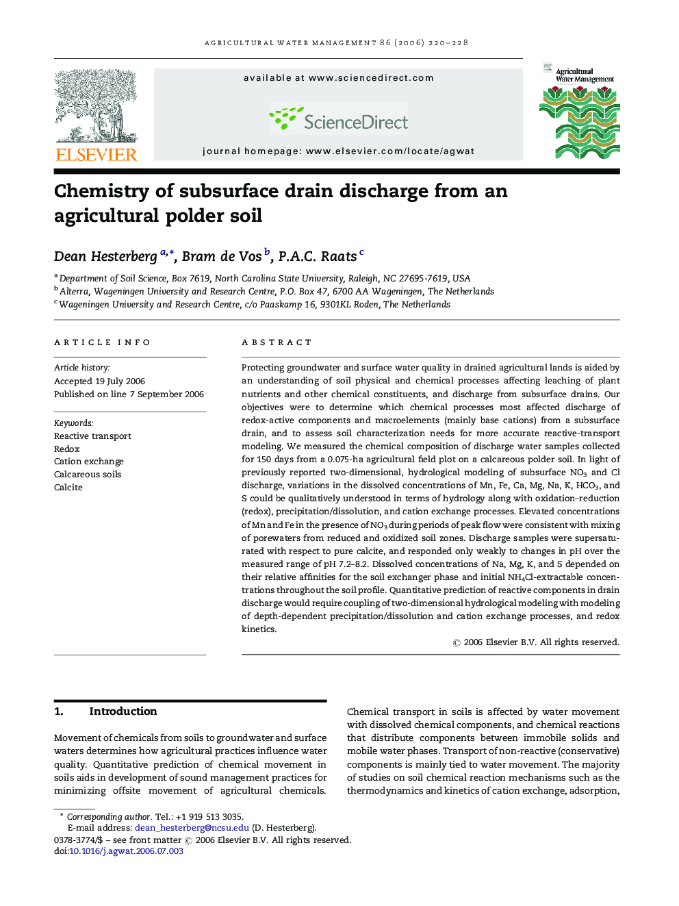 Chemistry of subsurface drain discharge from an agricultural polder soil
