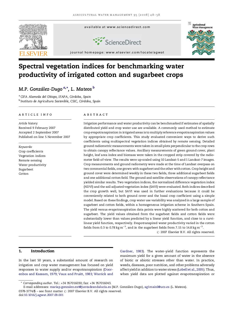 Spectral vegetation indices for benchmarking water productivity of irrigated cotton and sugarbeet crops