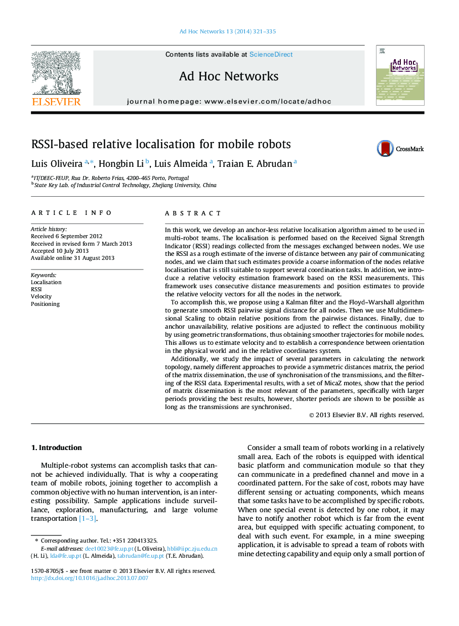 RSSI-based relative localisation for mobile robots