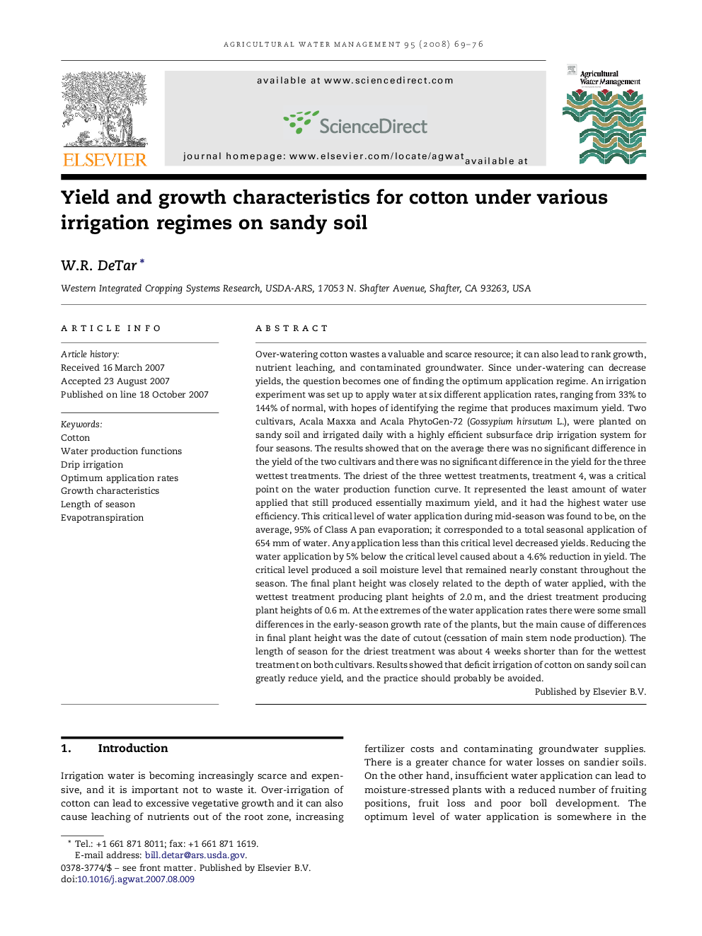 Yield and growth characteristics for cotton under various irrigation regimes on sandy soil