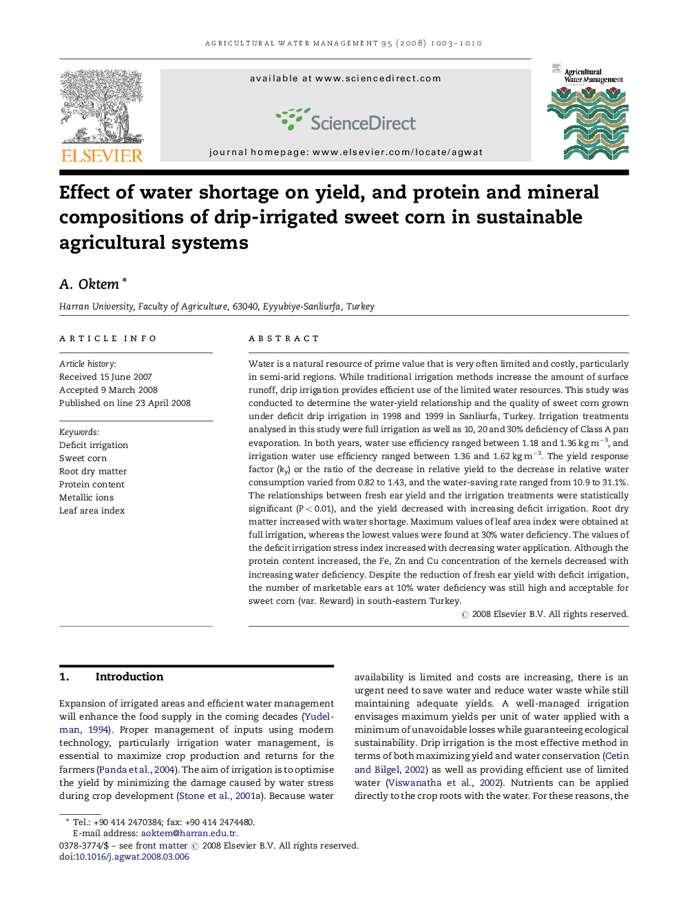 Effect of water shortage on yield, and protein and mineral compositions of drip-irrigated sweet corn in sustainable agricultural systems