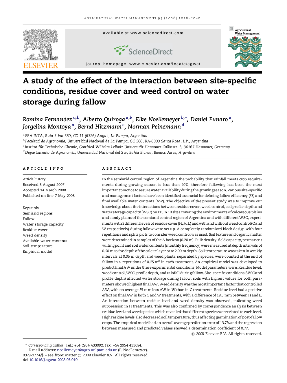 A study of the effect of the interaction between site-specific conditions, residue cover and weed control on water storage during fallow