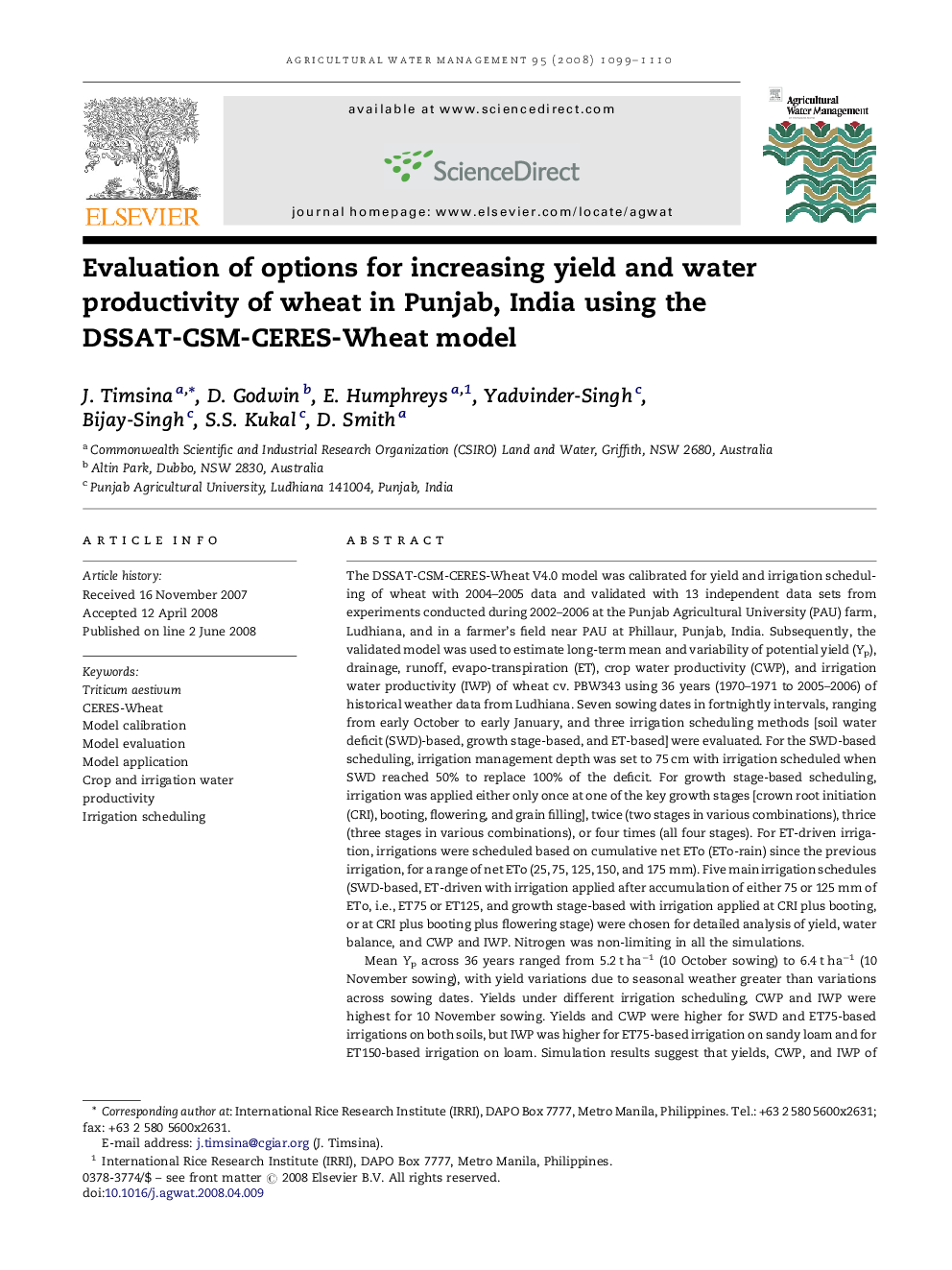 Evaluation of options for increasing yield and water productivity of wheat in Punjab, India using the DSSAT-CSM-CERES-Wheat model