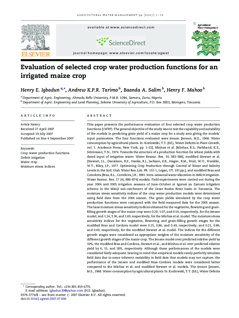 Evaluation of selected crop water production functions for an irrigated maize crop