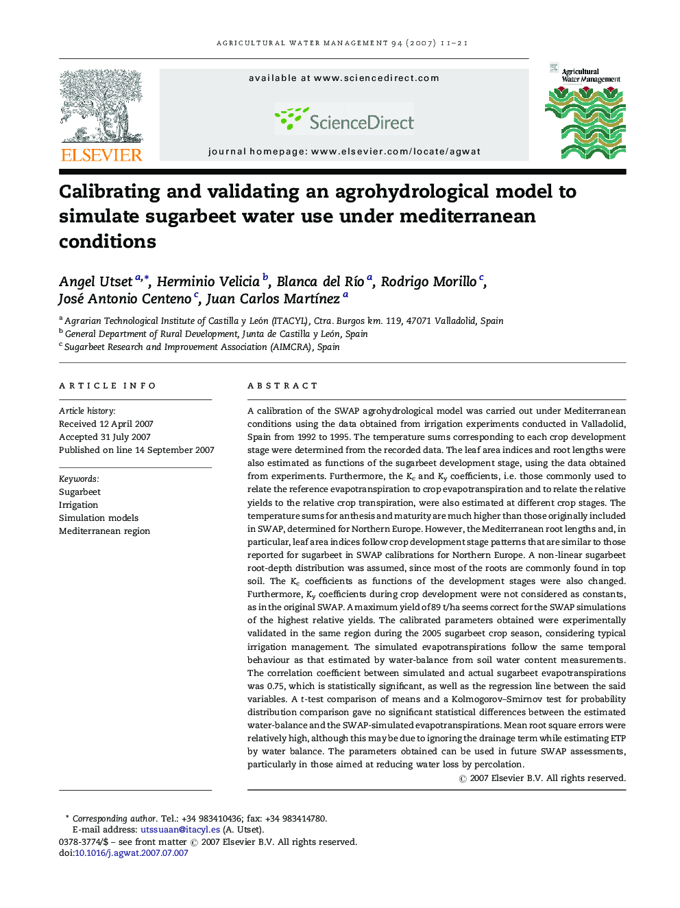 Calibrating and validating an agrohydrological model to simulate sugarbeet water use under mediterranean conditions