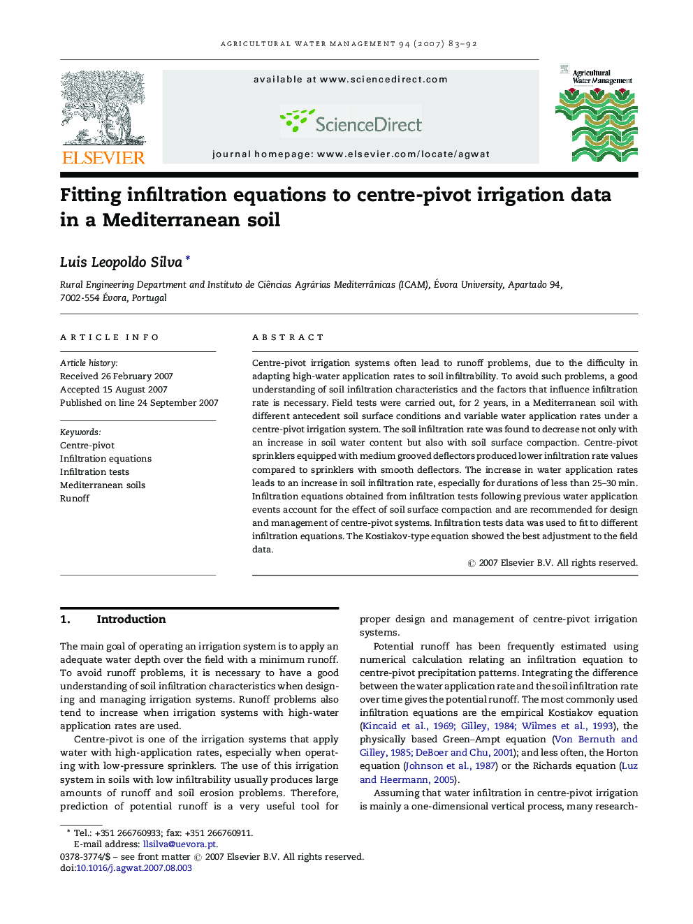 Fitting infiltration equations to centre-pivot irrigation data in a Mediterranean soil