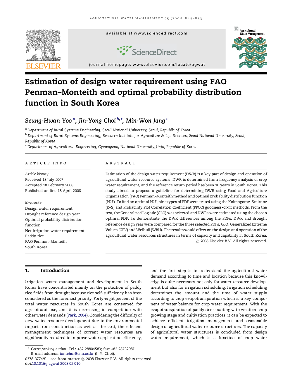 عکس صفحه اول مقاله: Estimation of design water requirement using FAO Penman–Monteith and optimal probability distribution function in South Korea Estimation of design water requirement using FAO Penman–Monteith and optimal probability distribution function in South Korea