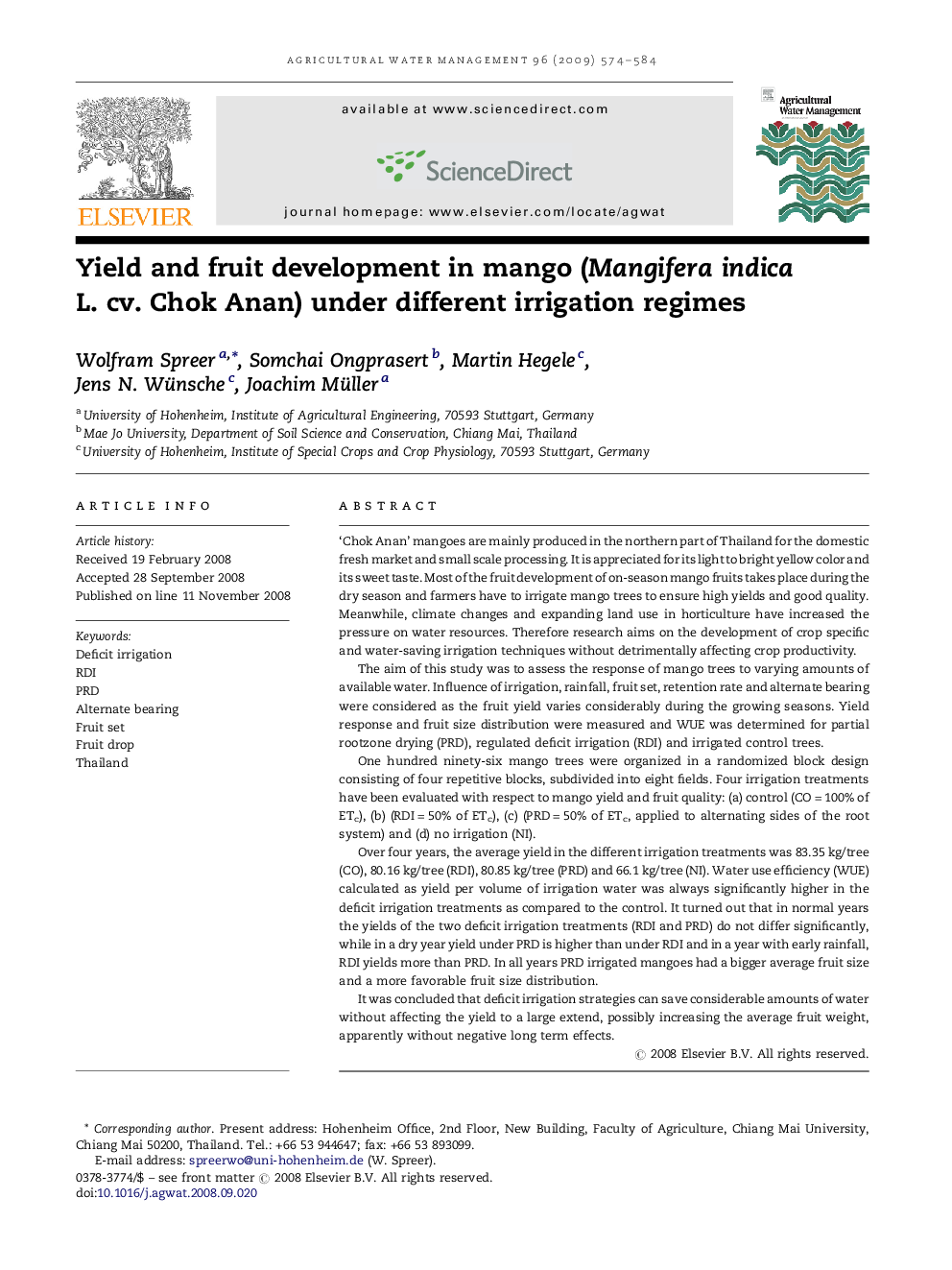 Yield and fruit development in mango (Mangifera indica L. cv. Chok Anan) under different irrigation regimes