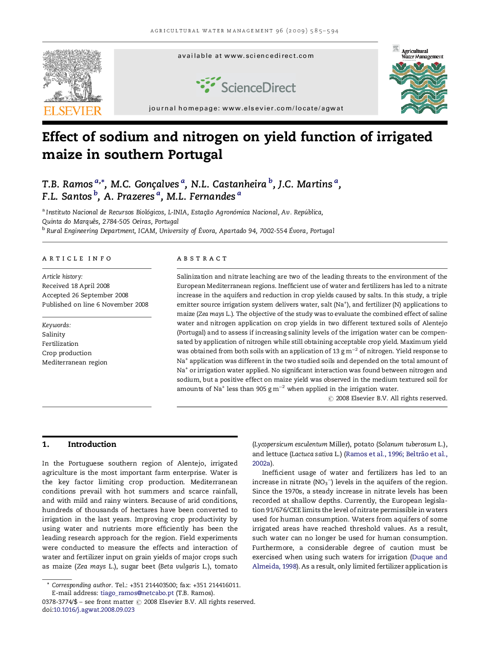 Effect of sodium and nitrogen on yield function of irrigated maize in southern Portugal