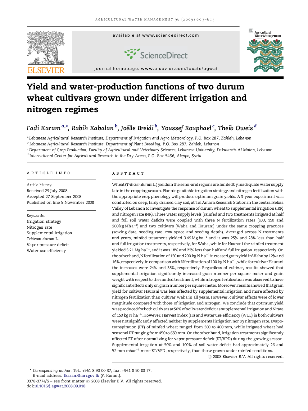 Yield and water-production functions of two durum wheat cultivars grown under different irrigation and nitrogen regimes