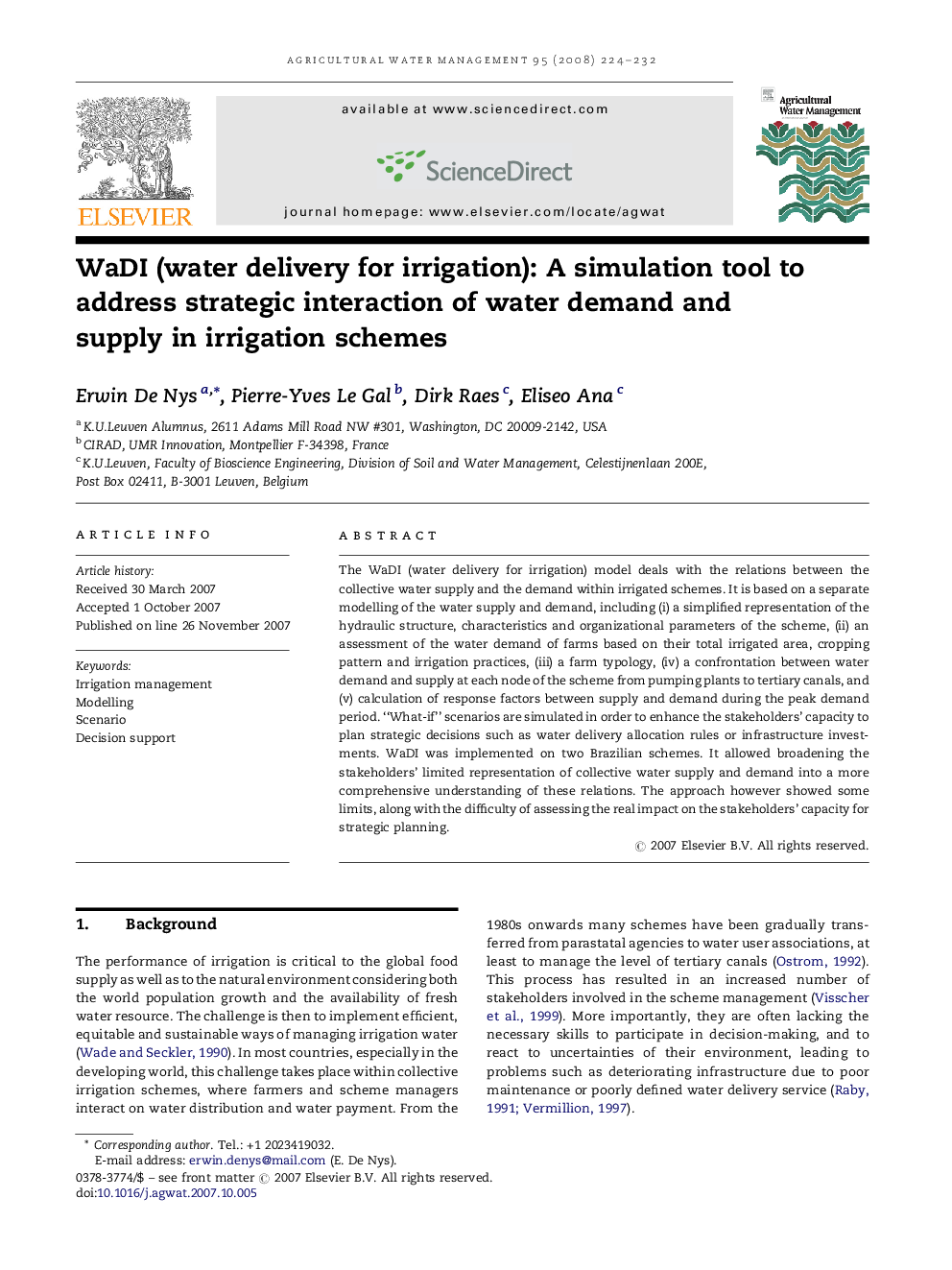 WaDI (water delivery for irrigation): A simulation tool to address strategic interaction of water demand and supply in irrigation schemes