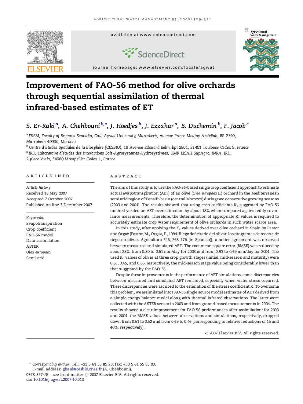 Improvement of FAO-56 method for olive orchards through sequential assimilation of thermal infrared-based estimates of ET