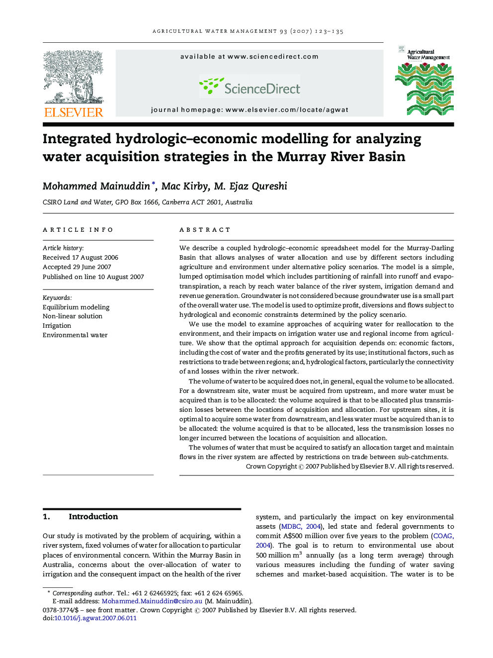 Integrated hydrologic–economic modelling for analyzing water acquisition strategies in the Murray River Basin