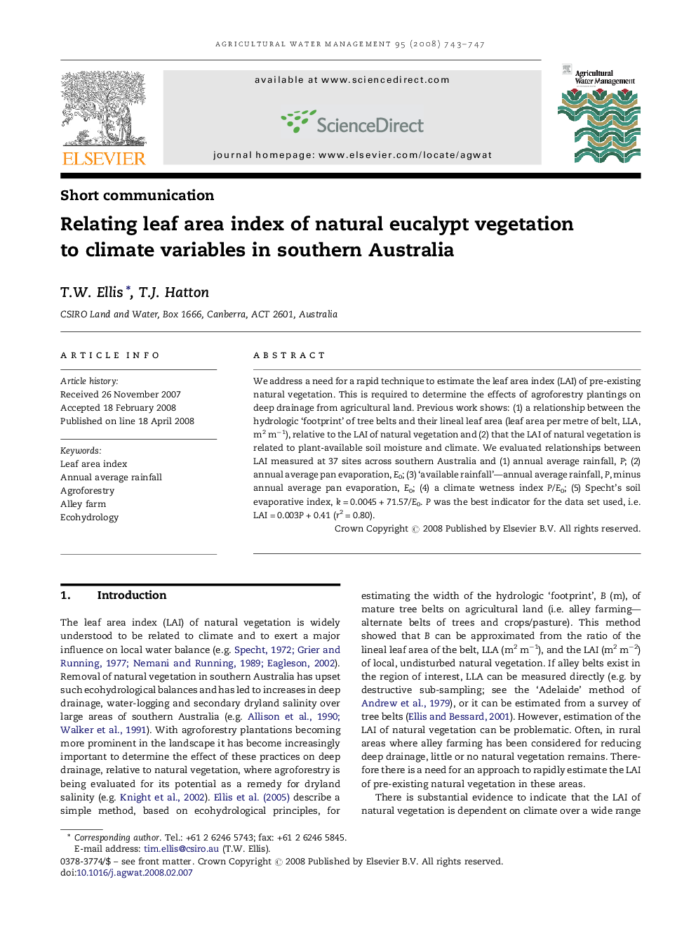 عکس صفحه اول مقاله: Relating leaf area index of natural eucalypt vegetation to climate variables in southern Australia Relating leaf area index of natural eucalypt vegetation to climate variables in southern Australia