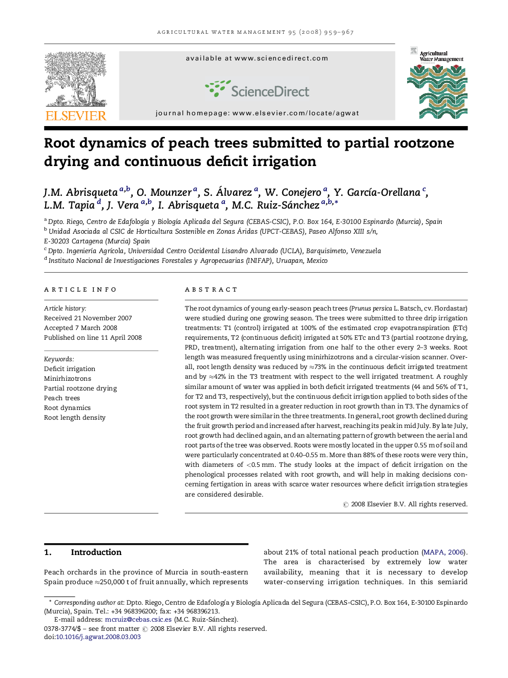 Root dynamics of peach trees submitted to partial rootzone drying and continuous deficit irrigation