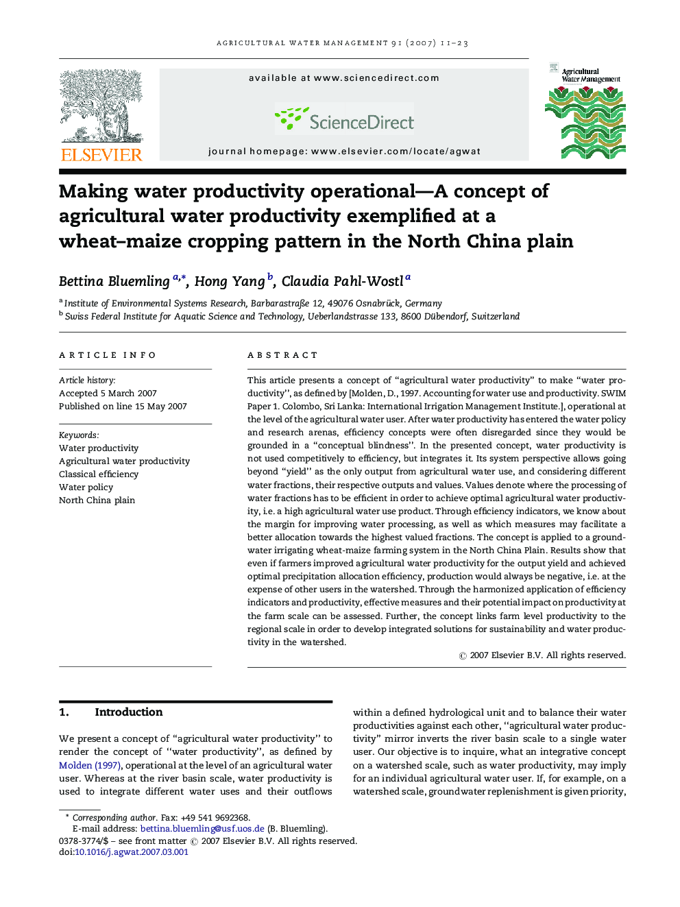 عکس صفحه اول مقاله: Making water productivity operational—A concept of agricultural water productivity exemplified at a wheat–maize cropping pattern in the North China plain Making water productivity operational—A concept of agricultural water productivity exemplified at a wheat–maize cropping pattern in the North China plain