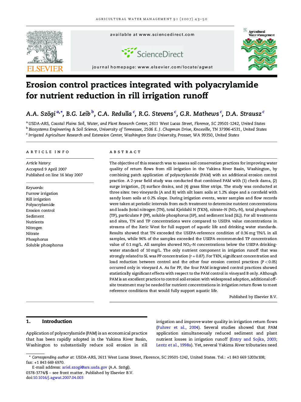 Erosion control practices integrated with polyacrylamide for nutrient reduction in rill irrigation runoff