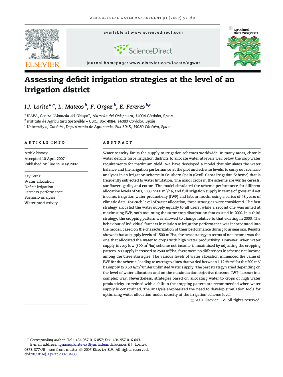 عکس صفحه اول مقاله: Assessing deficit irrigation strategies at the level of an irrigation district Assessing deficit irrigation strategies at the level of an irrigation district