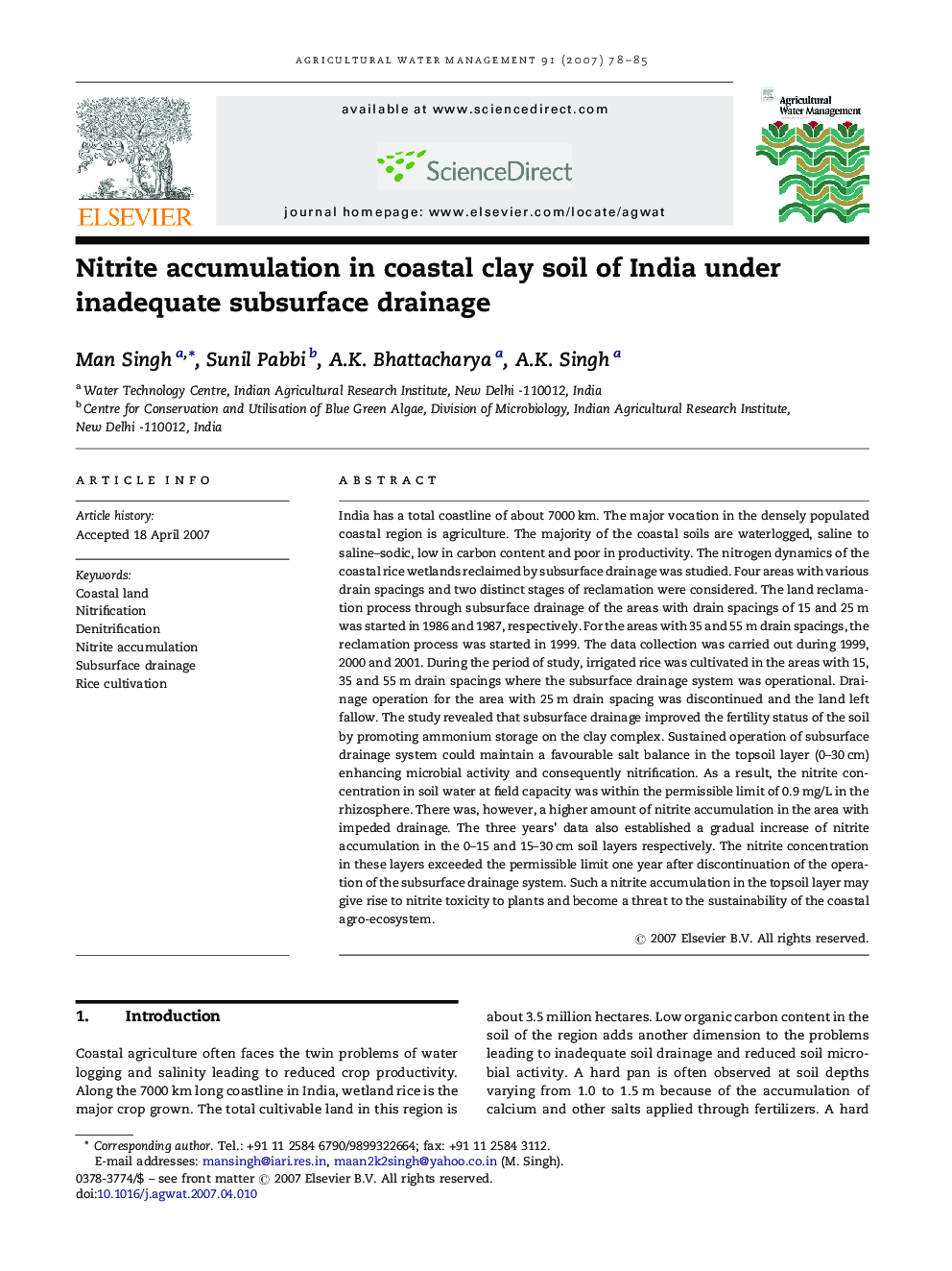 Nitrite accumulation in coastal clay soil of India under inadequate subsurface drainage