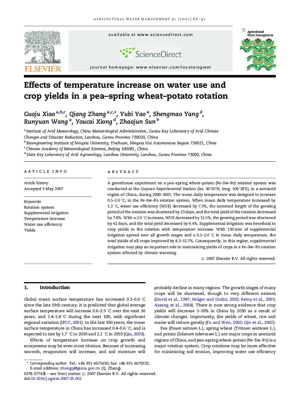 Effects of temperature increase on water use and crop yields in a pea-spring wheat-potato rotation