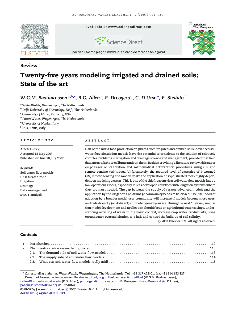 Twenty-five years modeling irrigated and drained soils: State of the art