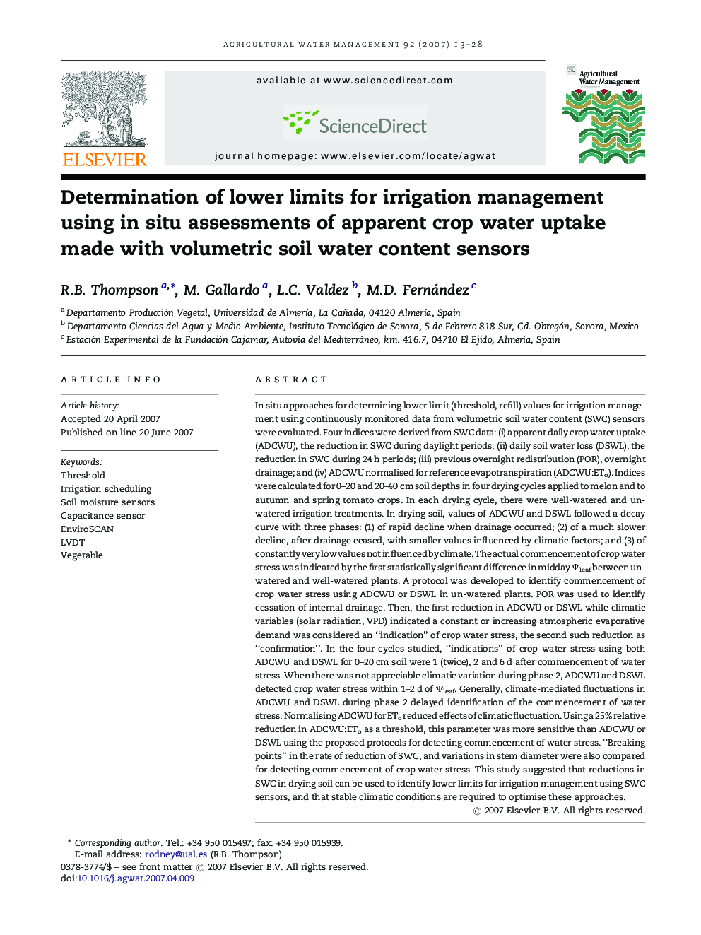 Determination of lower limits for irrigation management using in situ assessments of apparent crop water uptake made with volumetric soil water content sensors
